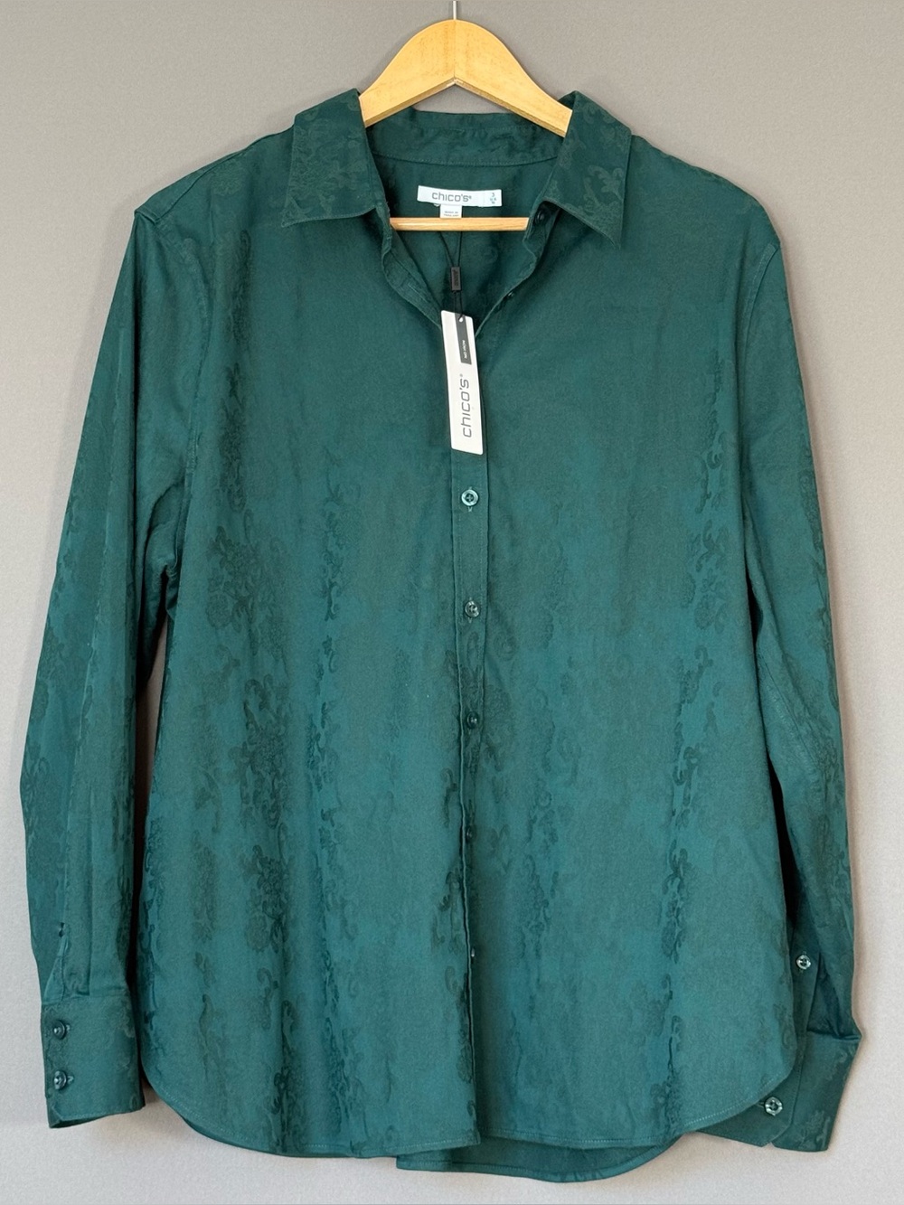 Chico’s Amelia Scrolls Jacquard Button Down Shirt Women Green 3 XL NEW